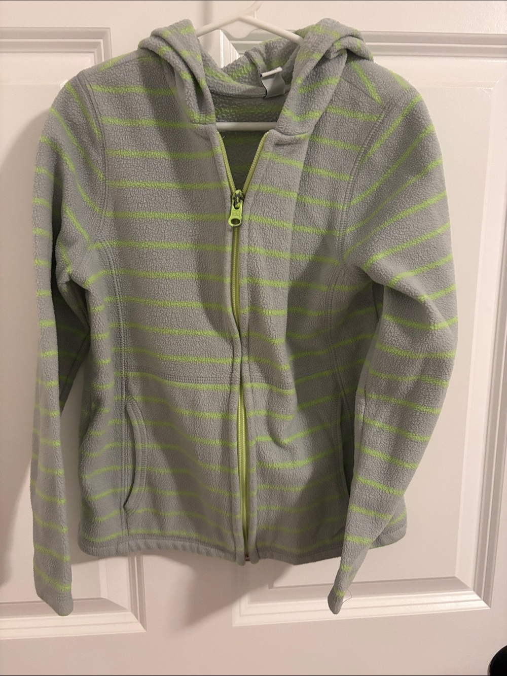 Old Navy Girls' Hooded Fleece Zip Jacket - Light Gray & Lime Green Stripes